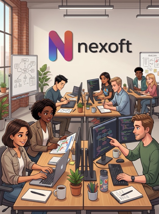 Nexoft team group photo in front of the Nexoft wall mark